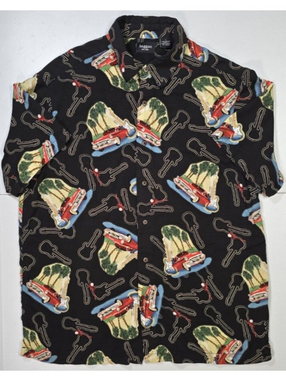 Haggar Classic Cars Guitars Short Sleeve Button Up Hawaiian Tropical Shirt Men L